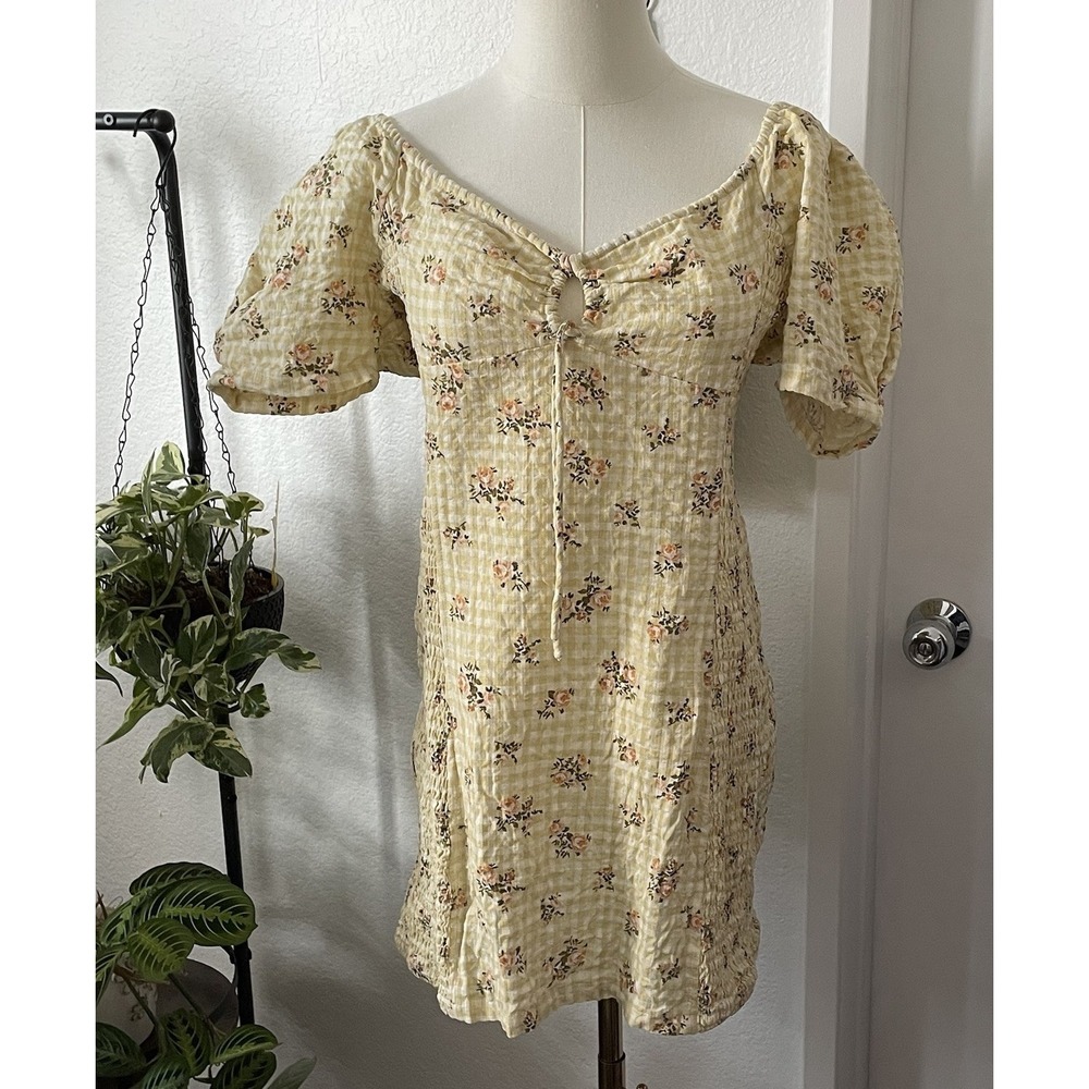 RVCA Floral Gingham Mini Dress Large 12 Yellow Puff Sleeve Cottagecore Smocked